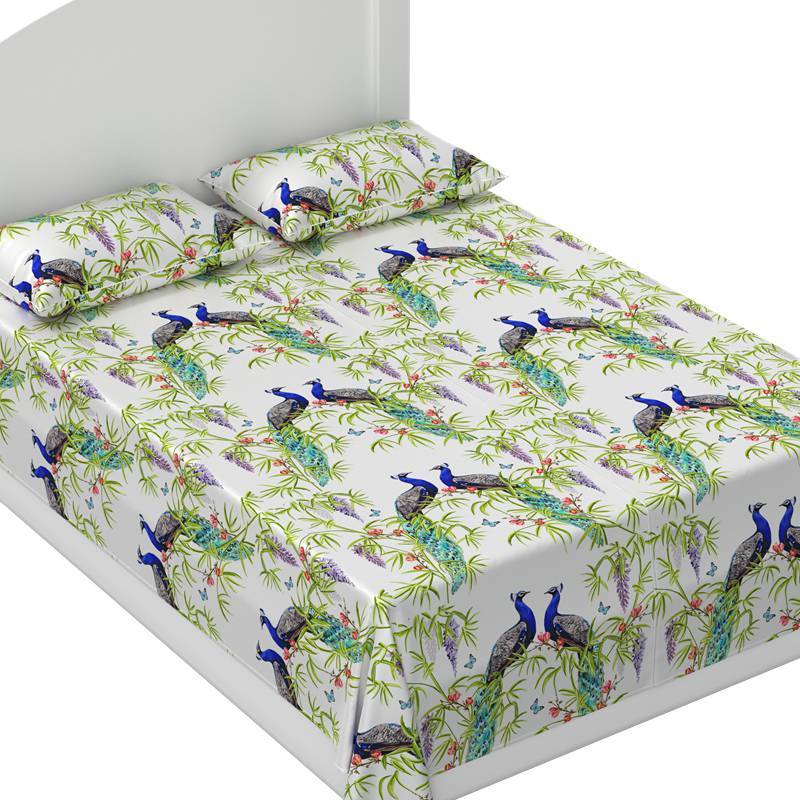 5pc 40mm 100% Mulberry Silk Bedding Set Peacock Print
