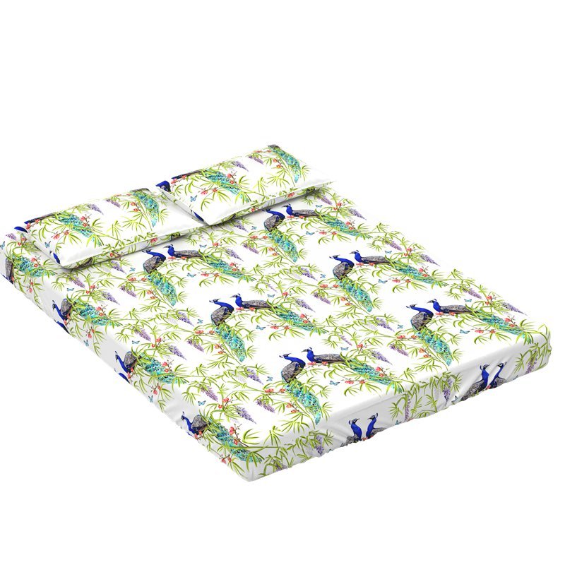 5pc 40mm 100% Mulberry Silk Bedding Set Peacock Print