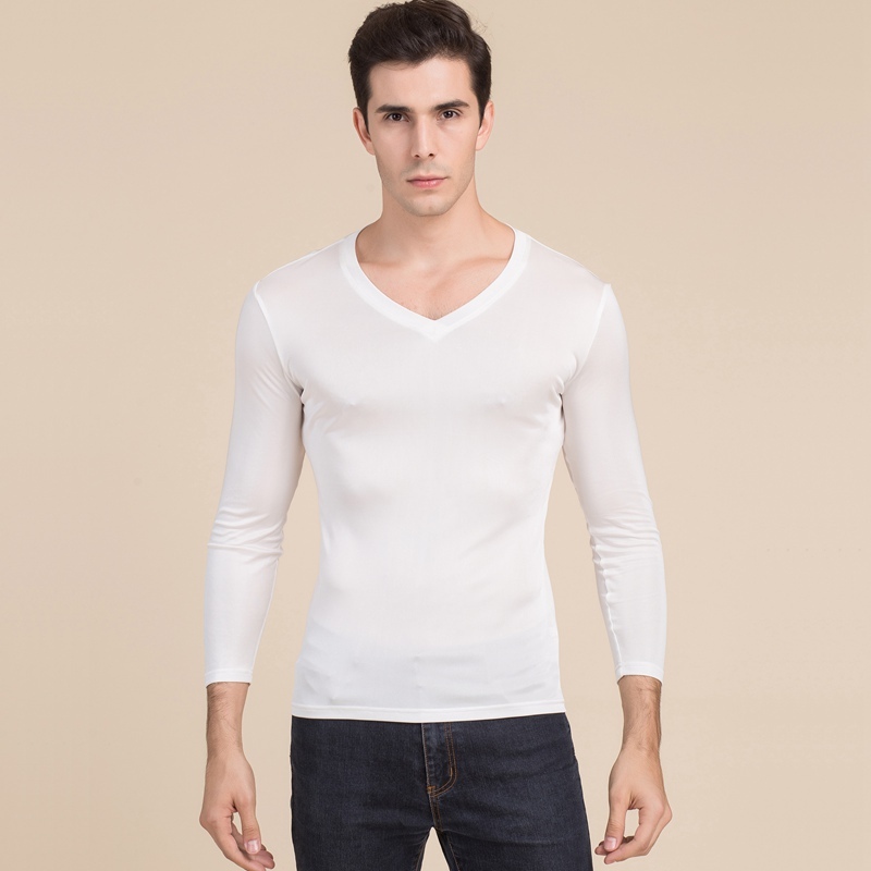 Men's 100% Mulberry Silk Knitted V Neck T Shirt Long Sleeve