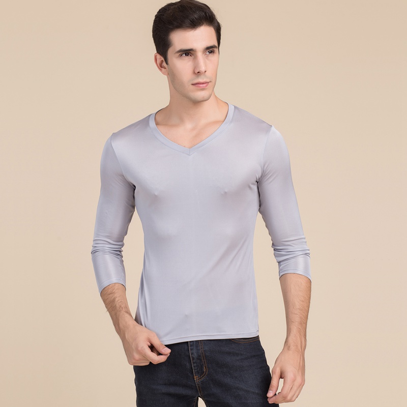 Men's 100% Mulberry Silk Knitted V Neck T Shirt Long Sleeve