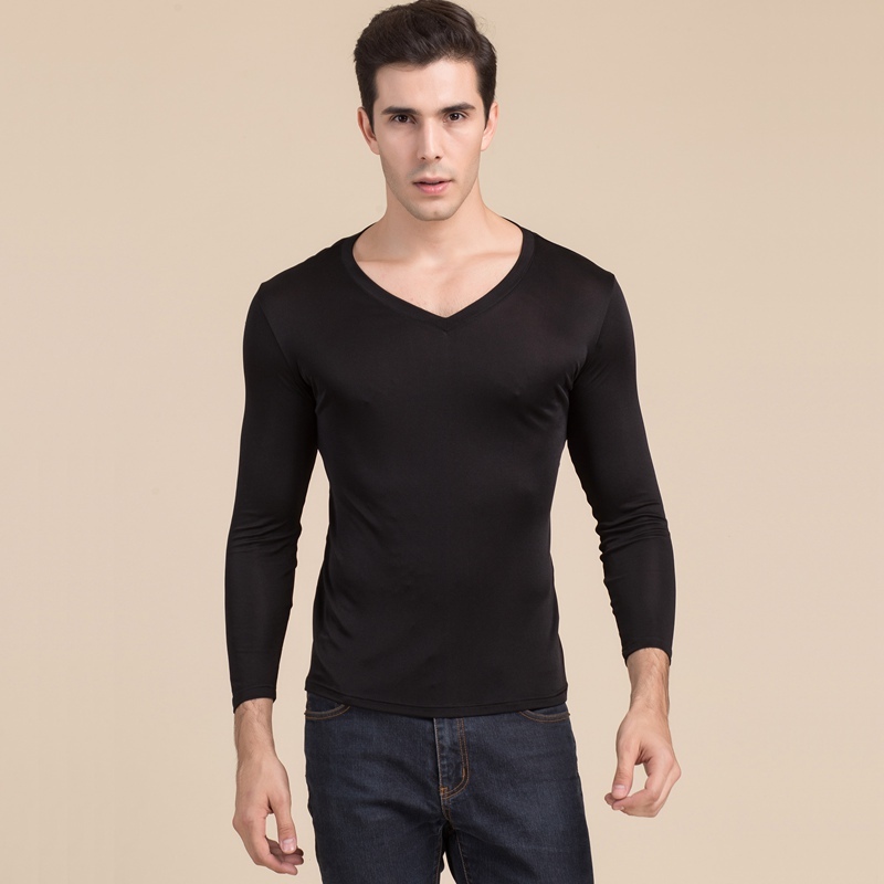 Men's 100% Mulberry Silk Knitted V Neck T Shirt Long Sleeve