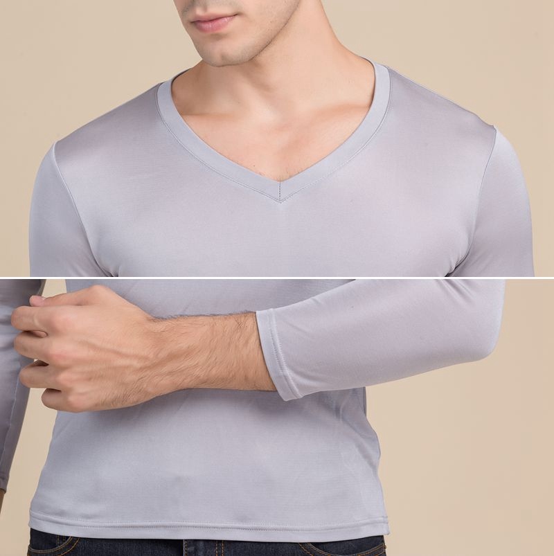 Men's 100% Mulberry Silk Knitted V Neck T Shirt Long Sleeve