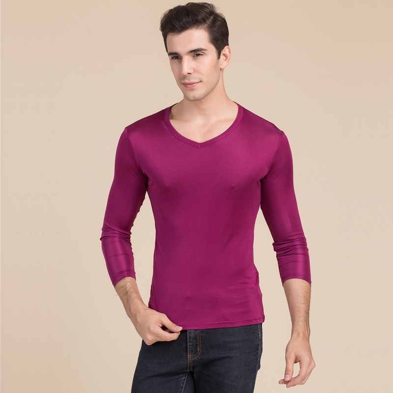 Men's 100% Mulberry Silk Knitted V Neck T Shirt Long Sleeve