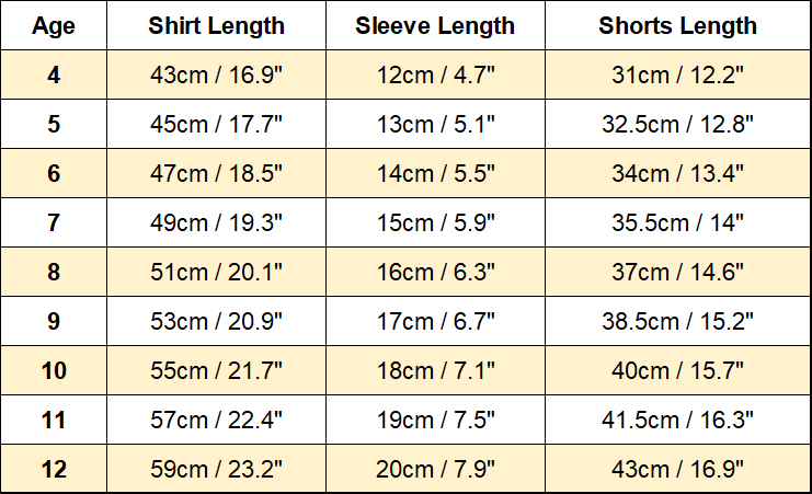 Short Pajamas Size Chart