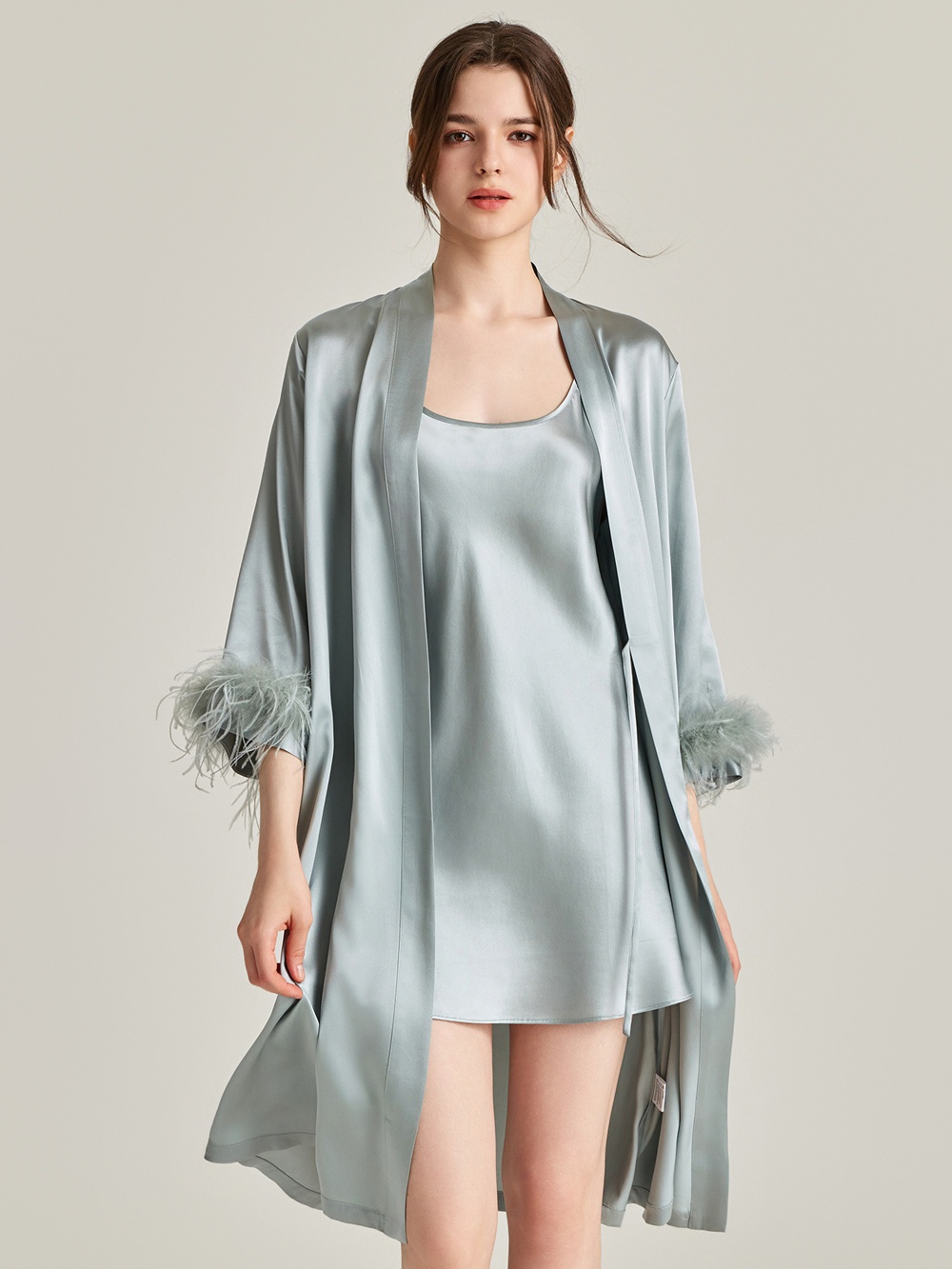 grey silk dressing gown Zapaka Women Silver Grey Mother Of The Bride Dress With Slit Sheath Satin  Pleated Half Sleeves Mother Wedding Dress – ZAPAKA