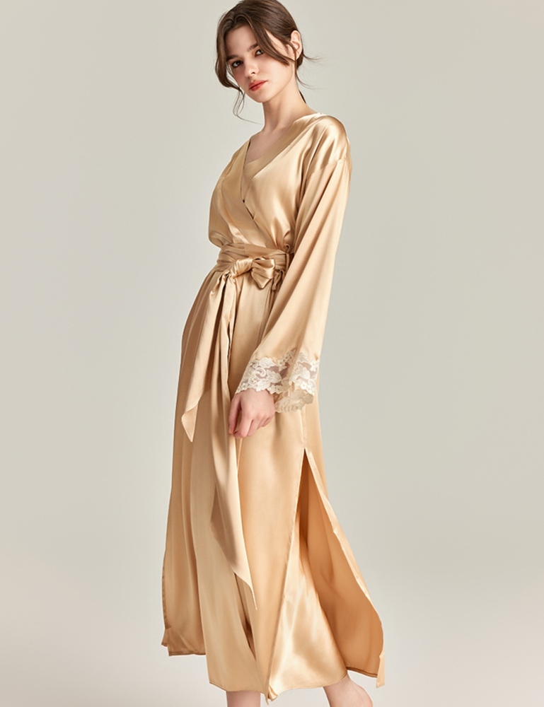 Women's 100% Silk Robe With Lace