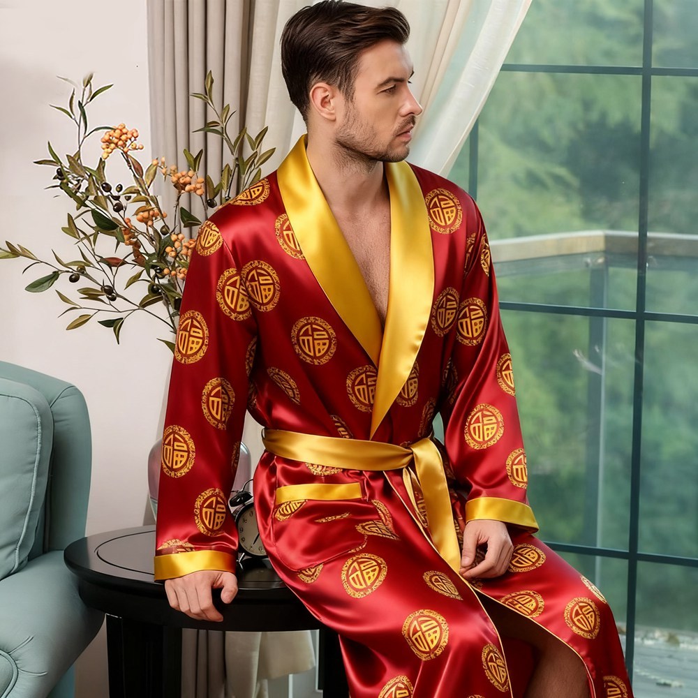 100% Silk Chinese Character Fu Print Robe For Men
