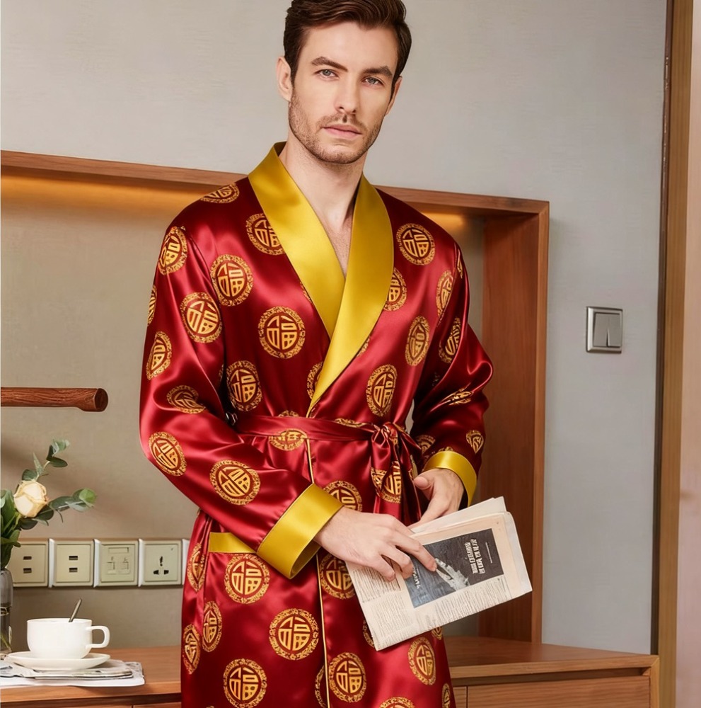 100% Silk Chinese Character Fu Print Robe For Men