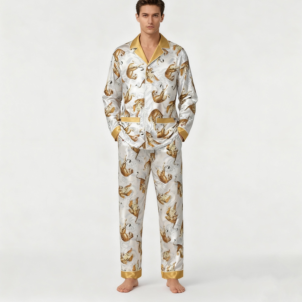 Men's Tiger Print 100% Silk Versatile Pajamas Set