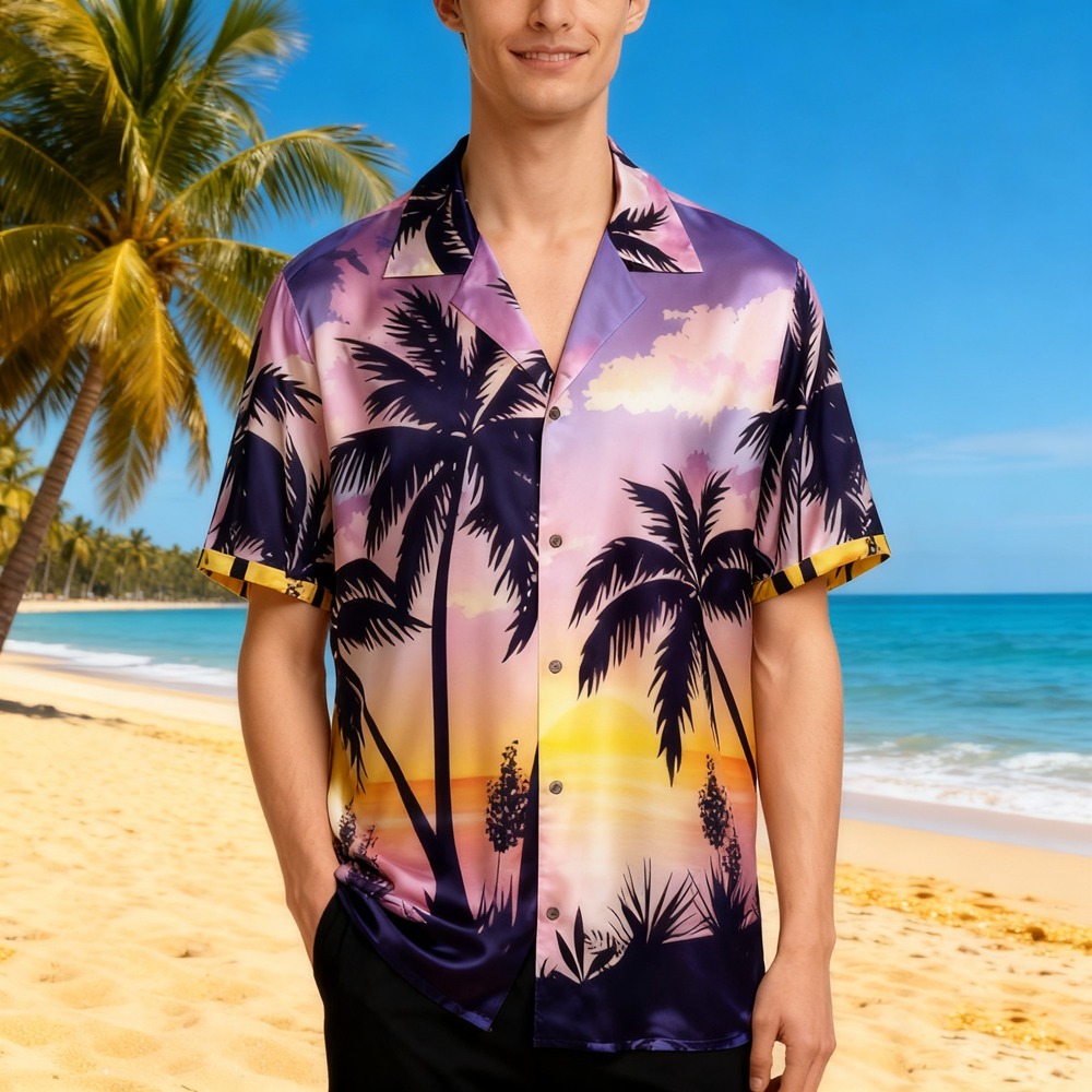 Palm Tree Print Silk Shirts For Men