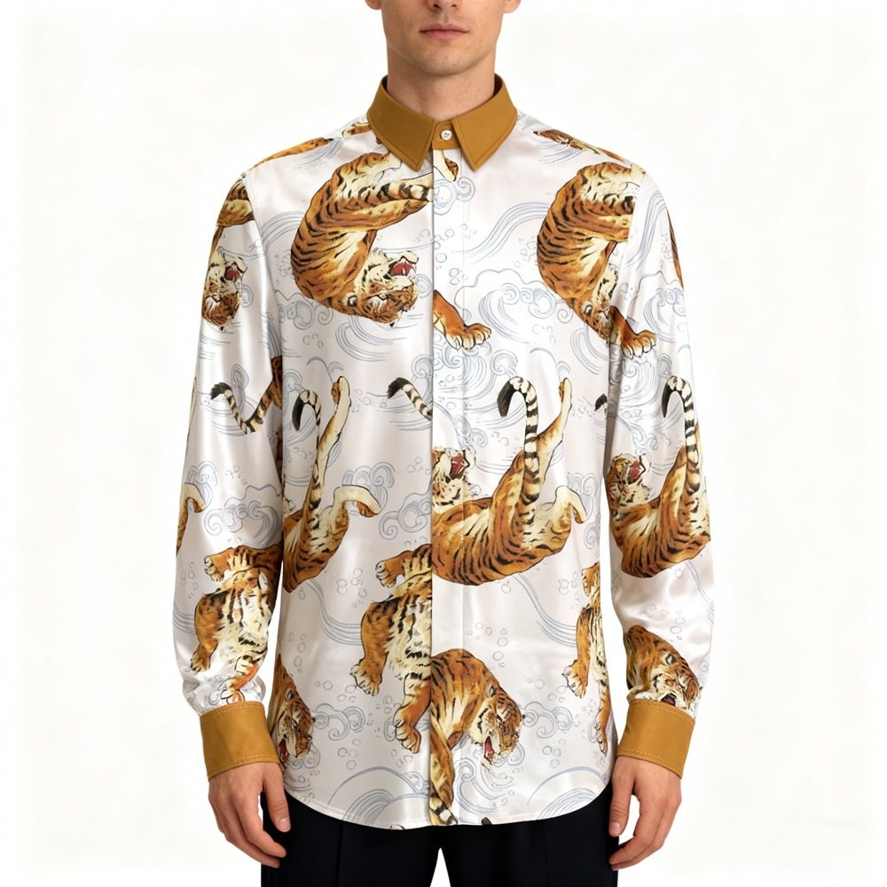 Men's Tiger Print  Silk Dress Shirts
