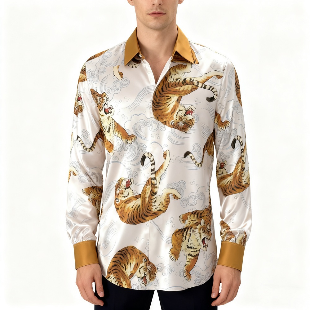 Men's Tiger Print  Silk Dress Shirts