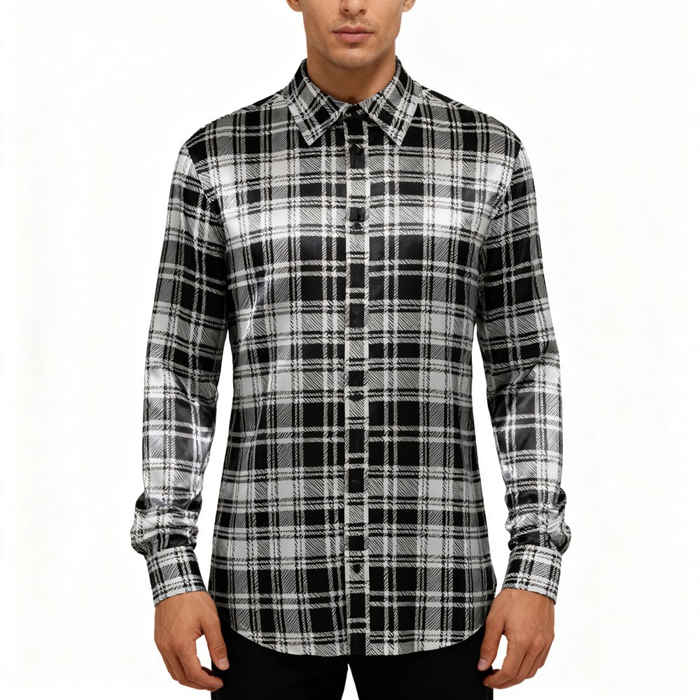 Men's Black And White Plaid Silk Shirts