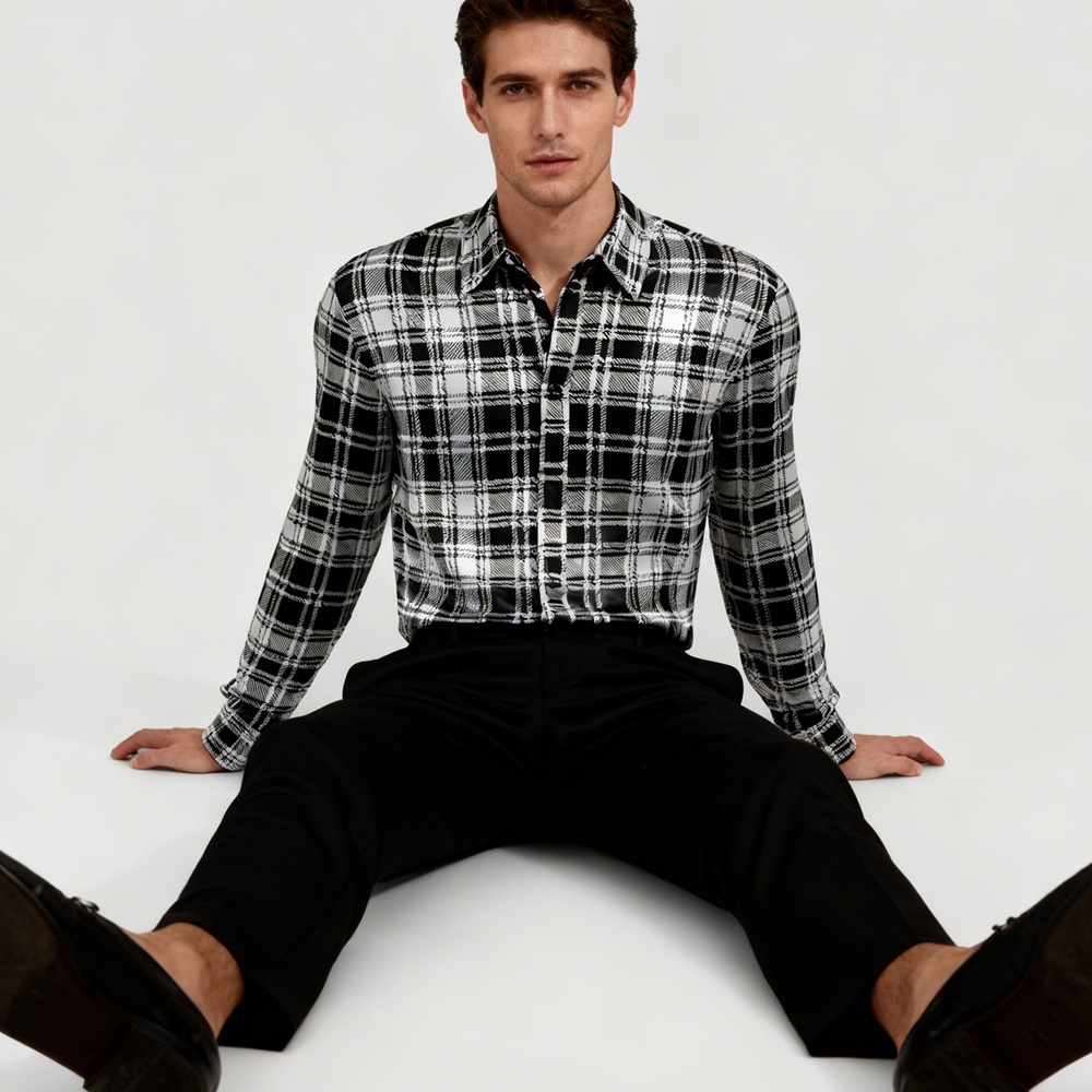 Men's Black And White Plaid Silk Shirts