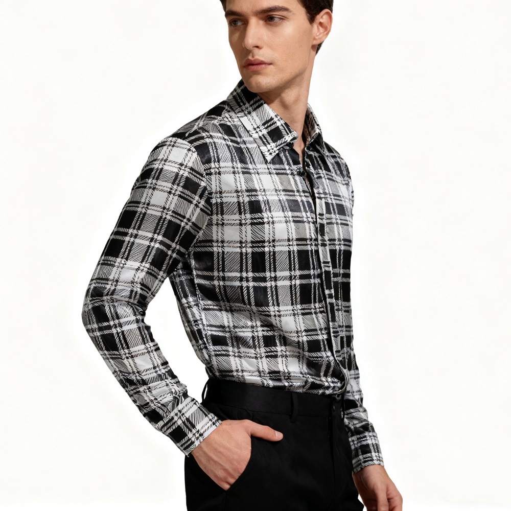 Men's Black And White Plaid Silk Shirts