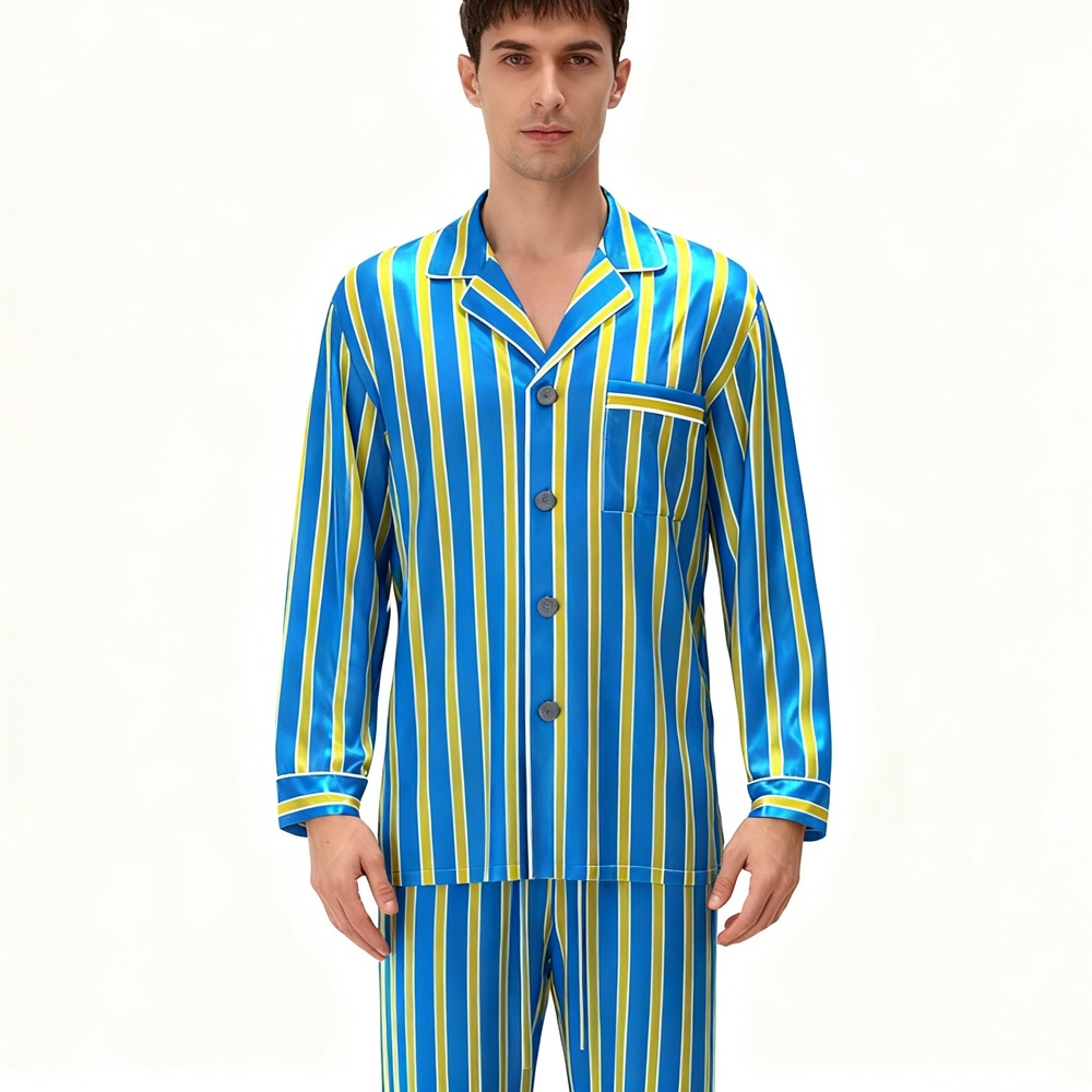 Men's Blue Gold Striped Silk Pajamas