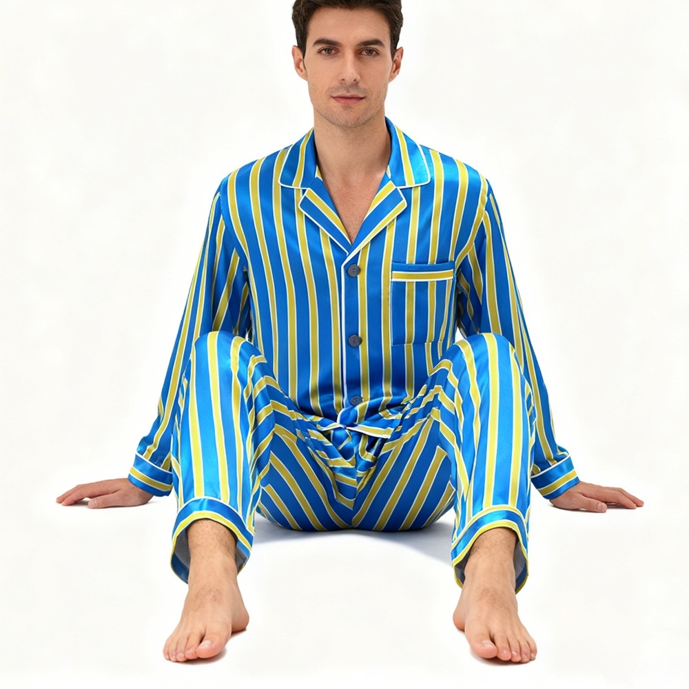 Men's Blue Gold Striped Silk Pajamas