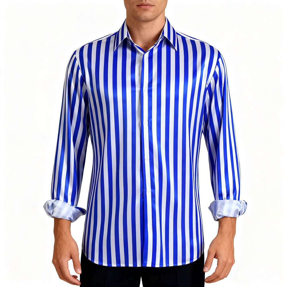 Blue White Striped Silk Shirt For Men