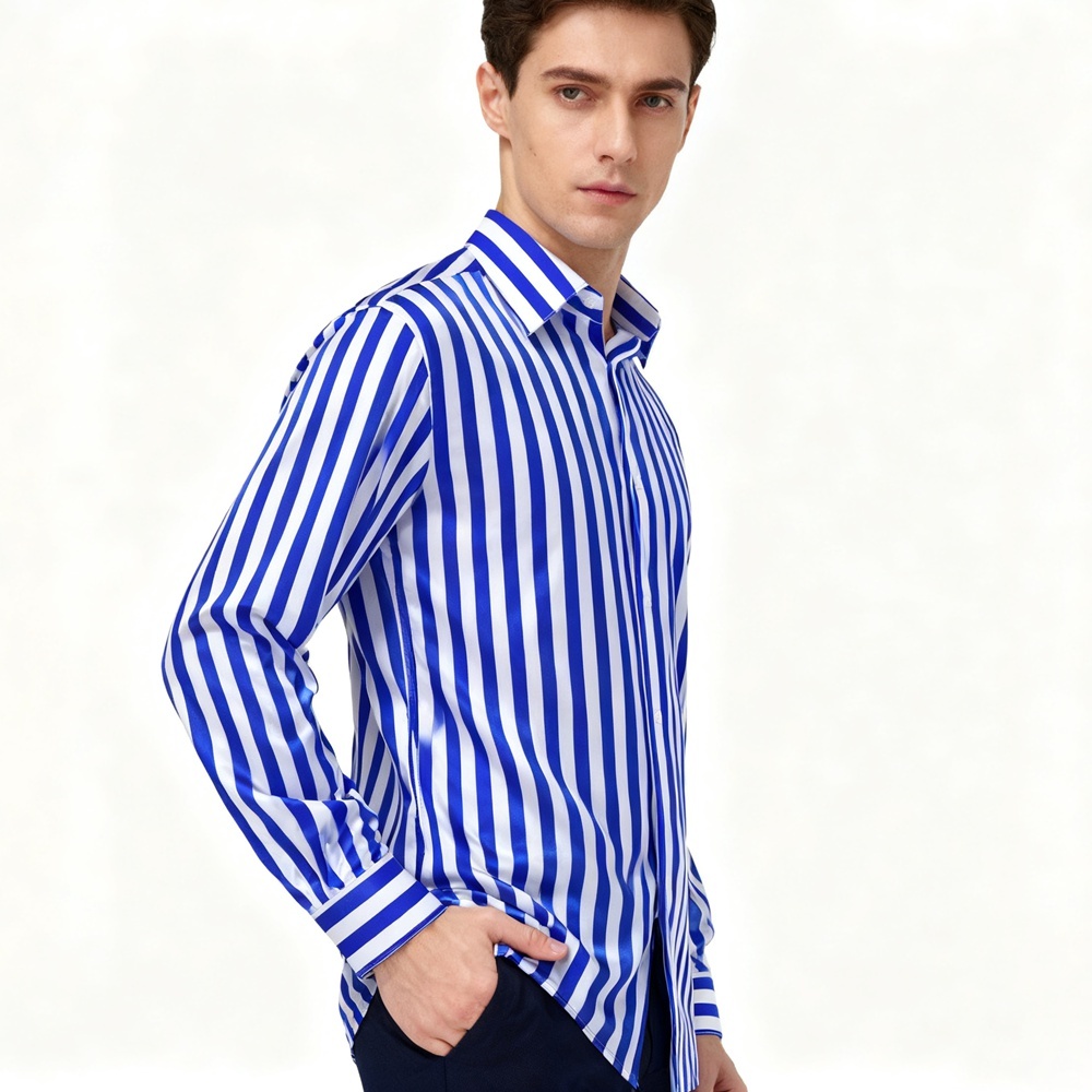 Blue White Striped Silk Shirt For Men