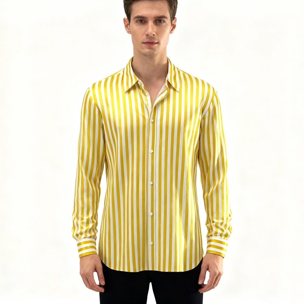 Men's 100% Mulberry Silk Satin Long Sleeve Gold & White Stripe Dress Shirt