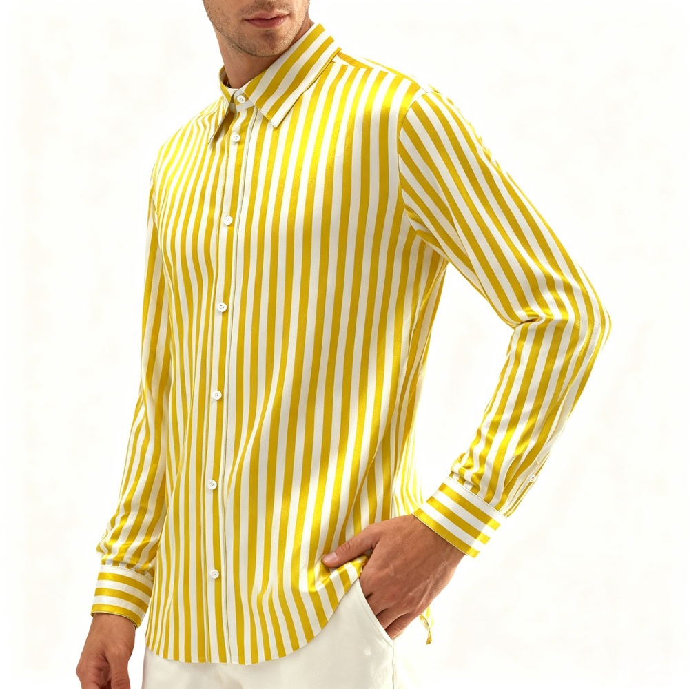Men's 100% Mulberry Silk Satin Long Sleeve Gold & White Stripe Dress Shirt