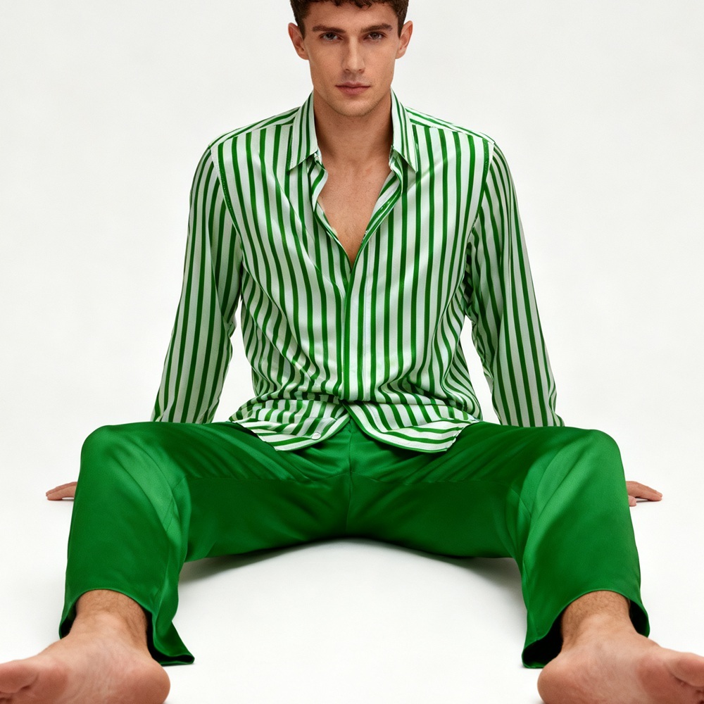 Men's 100% Silk Green Striped Dress Shirt Long Sleeve