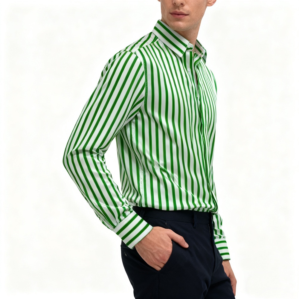 Men's 100% Silk Green Striped Dress Shirt Long Sleeve