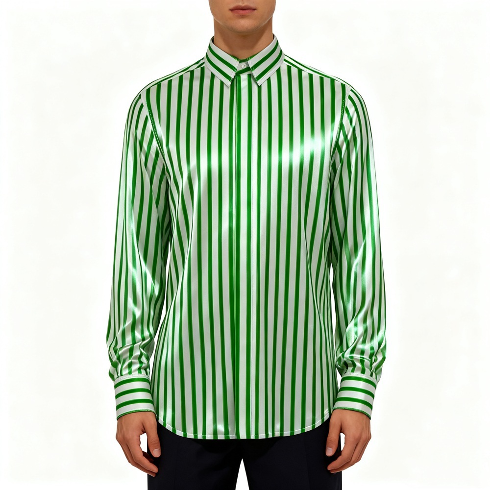 Men's 100% Silk Green Striped Dress Shirt Long Sleeve