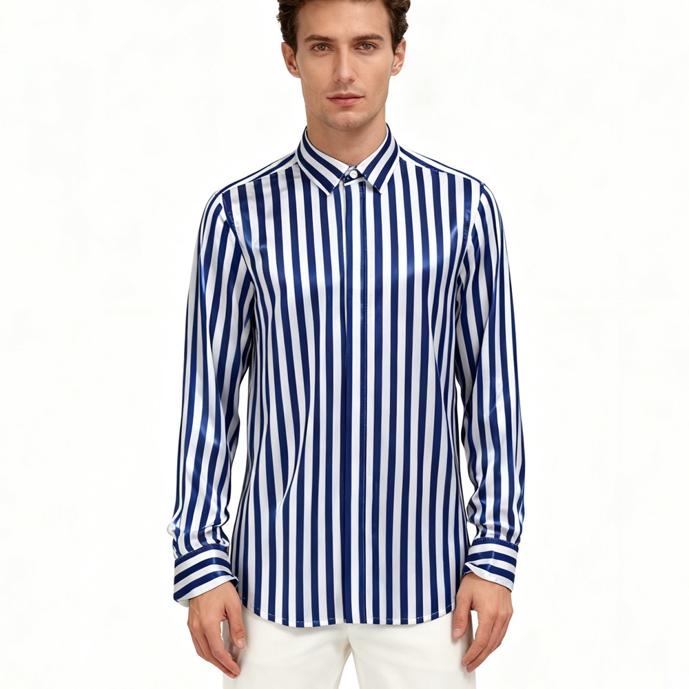 Men's  Navy Blue Striped Silk Shirt Long Sleeve