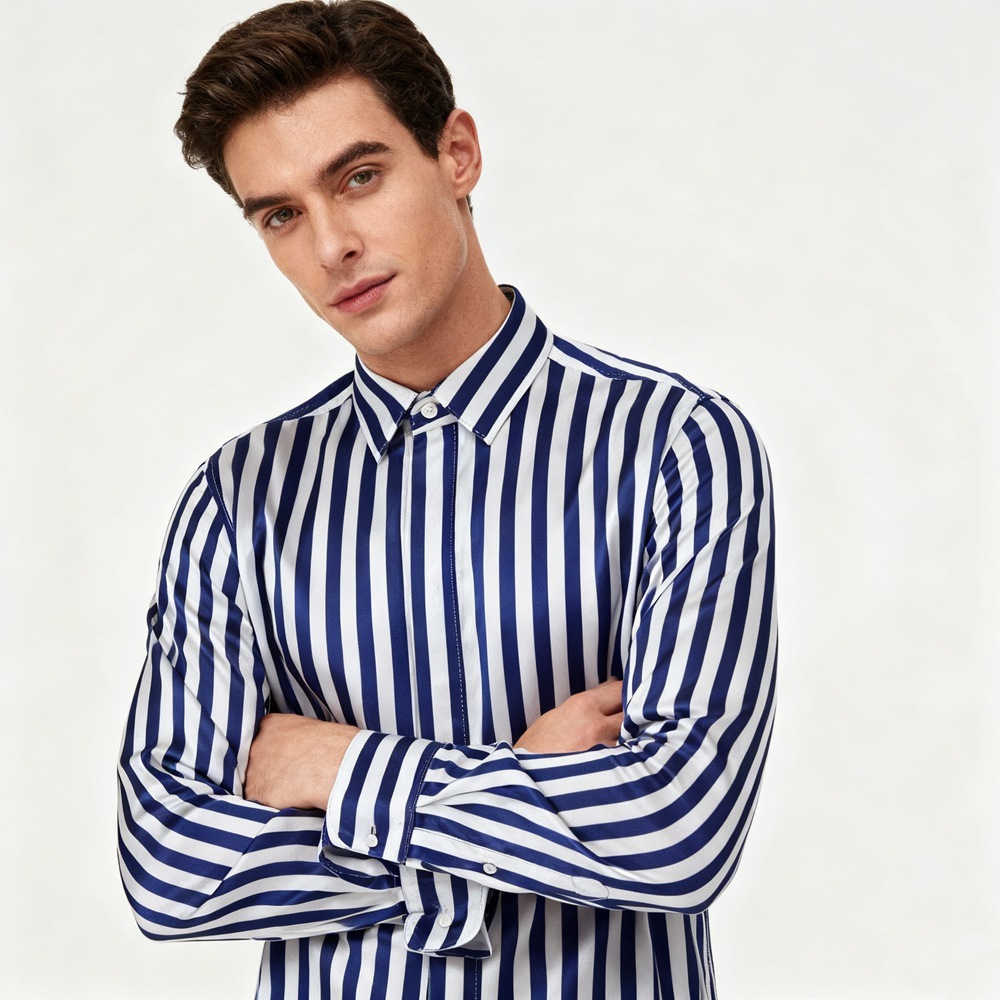 Men's  Navy Blue Striped Silk Shirt Long Sleeve