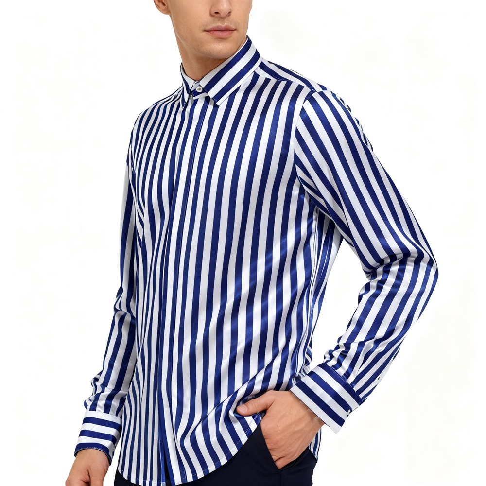 Men's  Navy Blue Striped Silk Shirt Long Sleeve