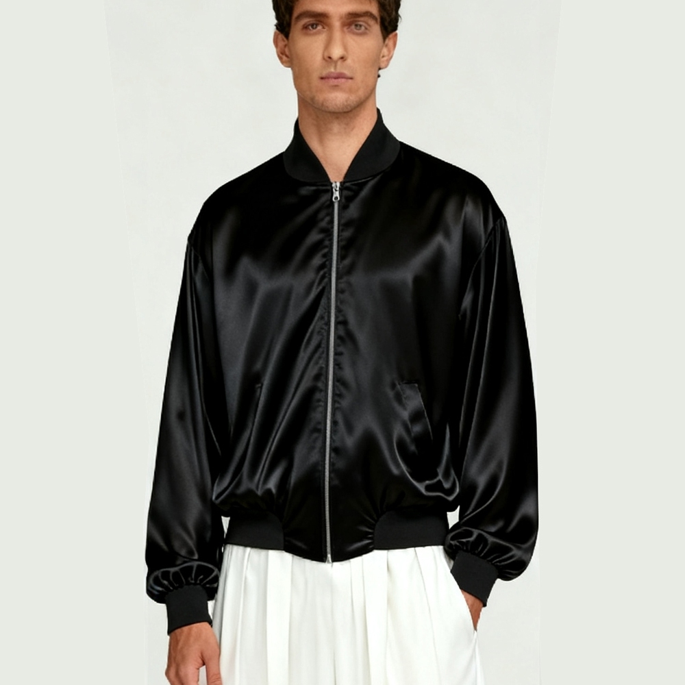 Men's 30 Momme Heavy Weight Mulberry Silk Bomber Jacket With 19 Momme Silk Lining