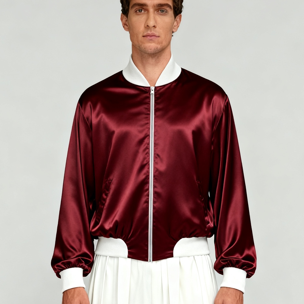 Men's 30 Momme Heavy Weight Mulberry Silk Bomber Jacket With 19 Momme Silk Lining