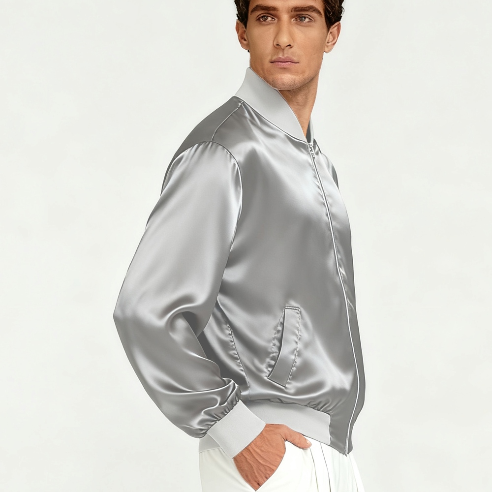 Men's 30 Momme Heavy Weight Mulberry Silk Bomber Jacket With 19 Momme Silk Lining