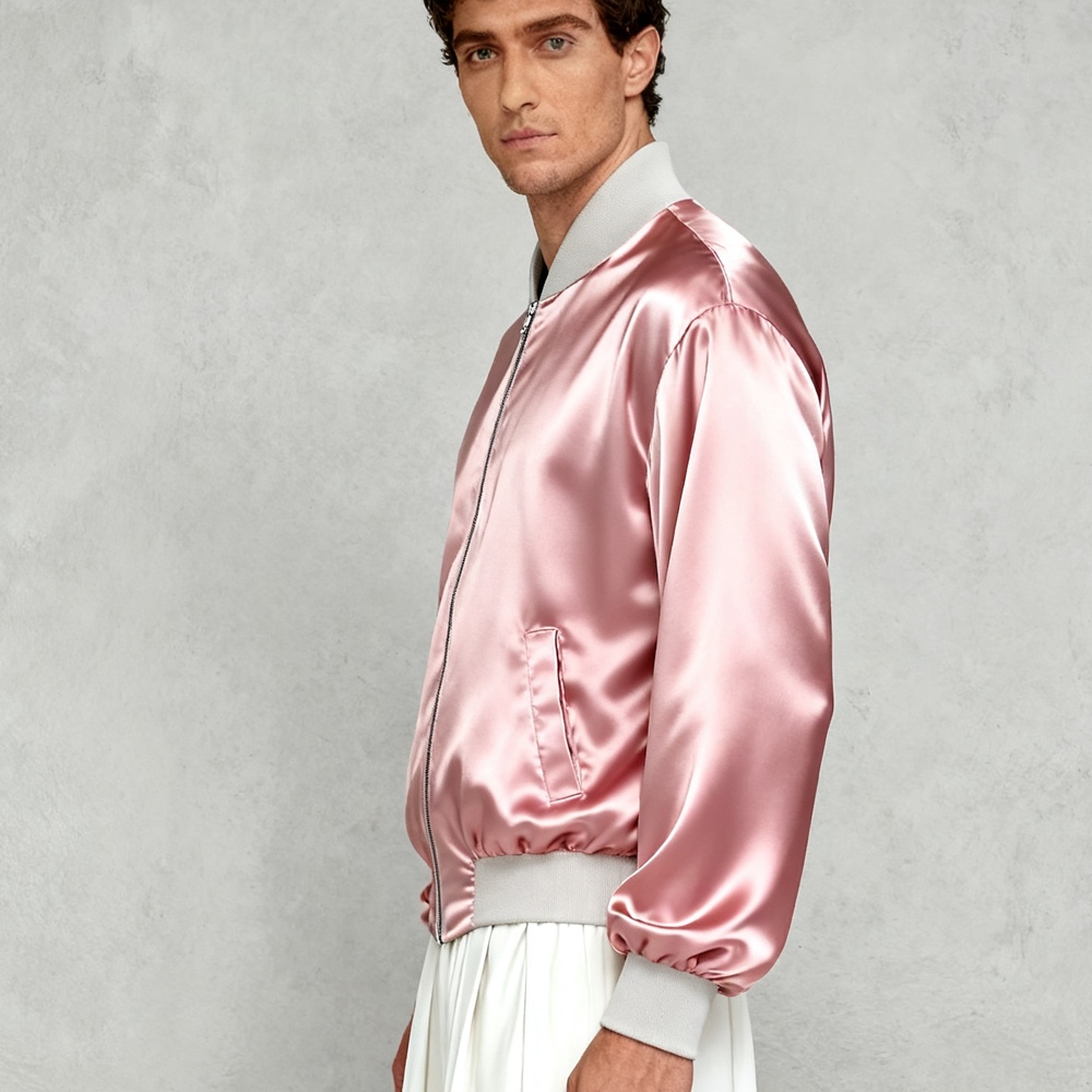 Men's 30 Momme Heavy Weight Mulberry Silk Bomber Jacket With 19 Momme Silk Lining