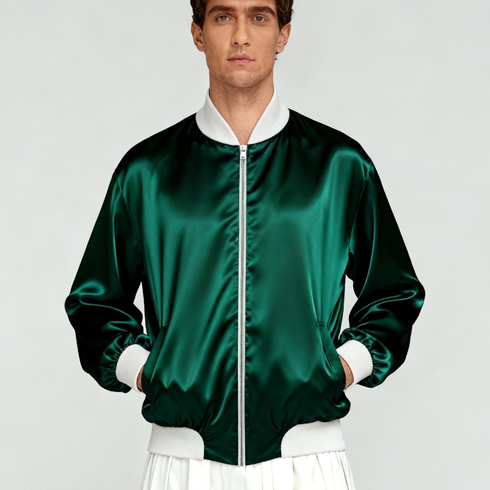Men's 30 Momme Heavy Weight Mulberry Silk Bomber Jacket With 19 Momme Silk Lining