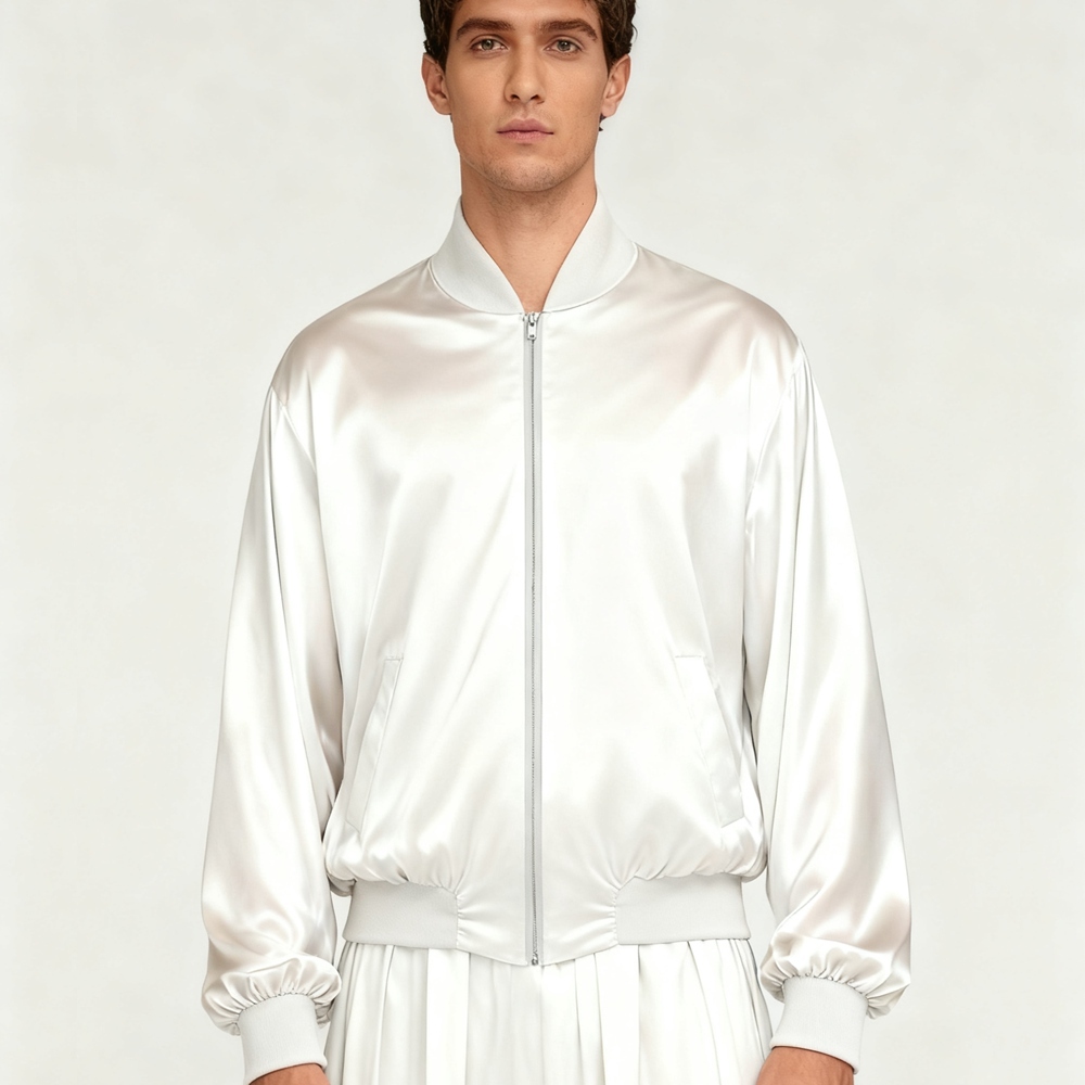 Men's 30 Momme Heavy Weight Mulberry Silk Bomber Jacket With 19 Momme Silk Lining