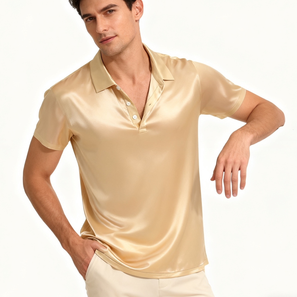 Men's 100% Mulberry Silk Polo Shirts Short Sleeve