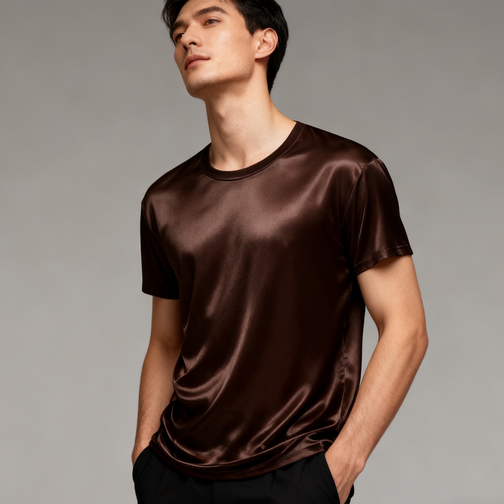 mens dress silk t-shirts Men's Silk T-Shirt Luxury Button Down Silk Short Dress Shirt Navy Blue / L