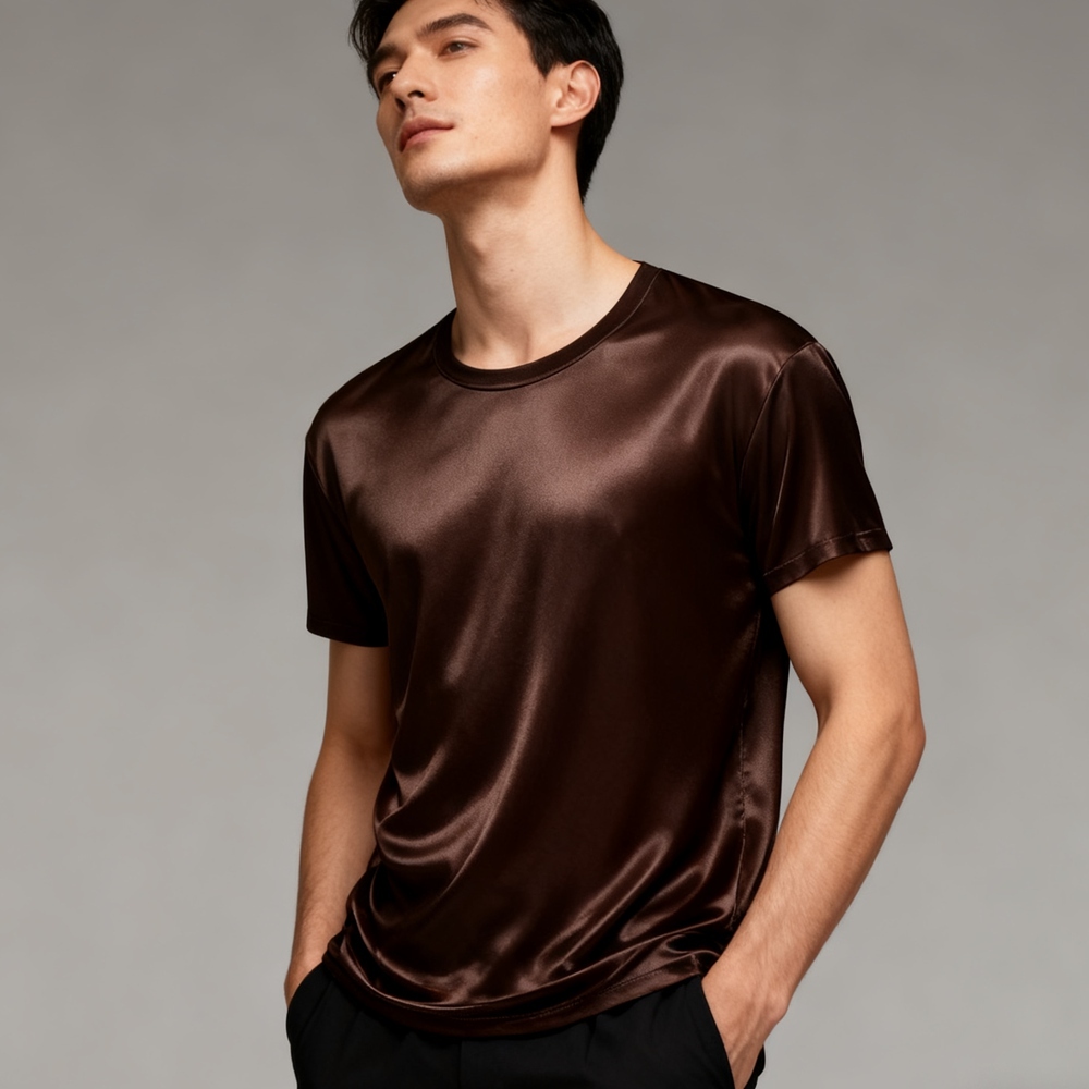 Men's 100% Mulberry Silk Round Neck T Shirt Short Sleeve