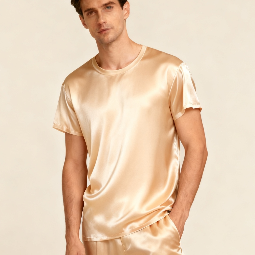 Men's 100% Mulberry Silk Round Neck T Shirt Short Sleeve