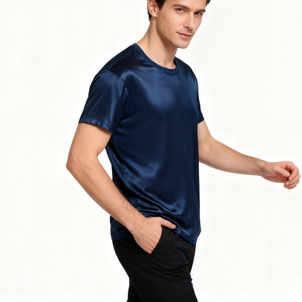 Men's 100% Mulberry Silk Round Neck T Shirt Short Sleeve