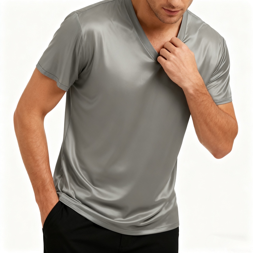Men's 100% Mulberry Silk V Neck T Shirt Short Sleeve