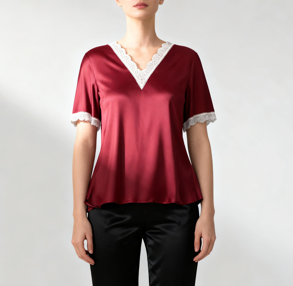 Women's 100% Silk Lace V Neck Shirt