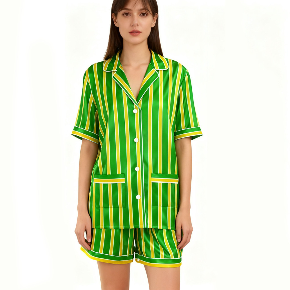 Green Striped Silk Pajamas For Women