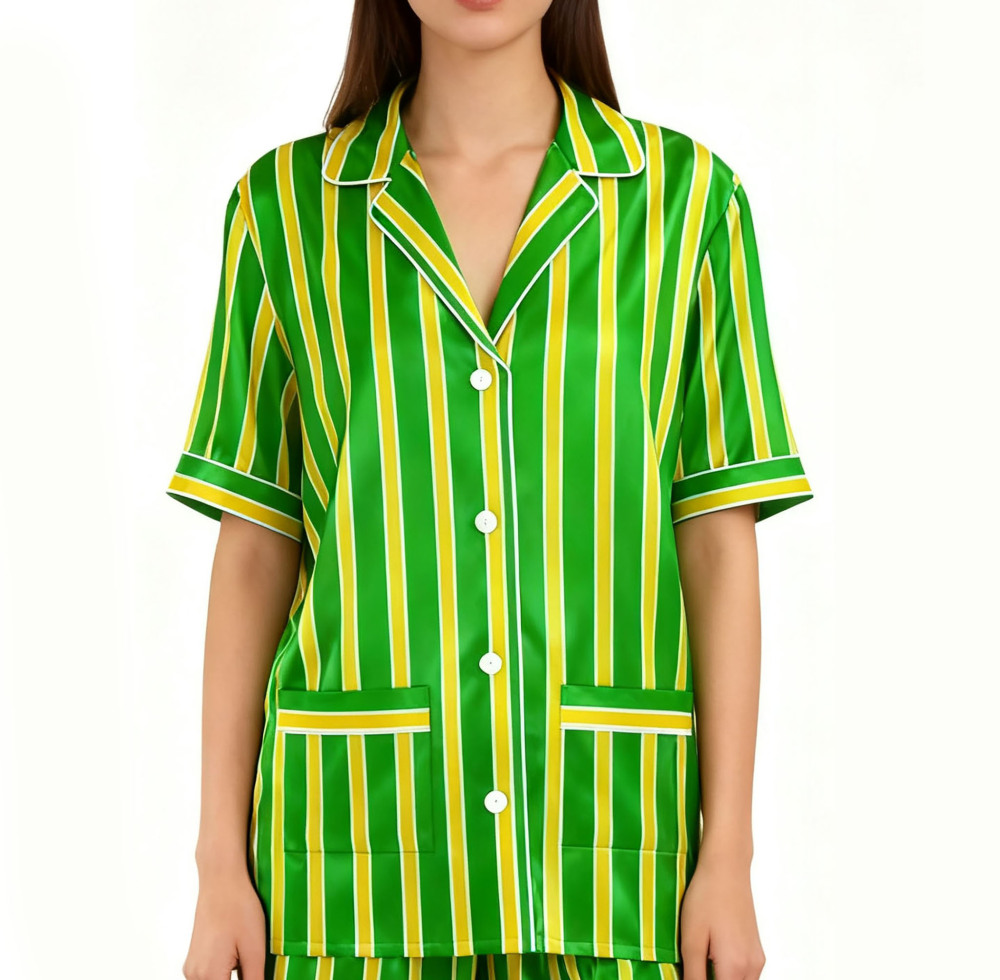 Green Striped Silk Pajamas For Women