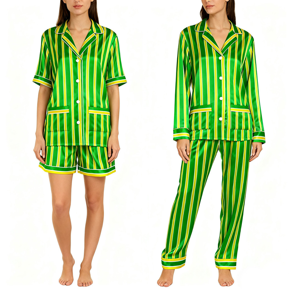 Green Striped Silk Pajamas For Women