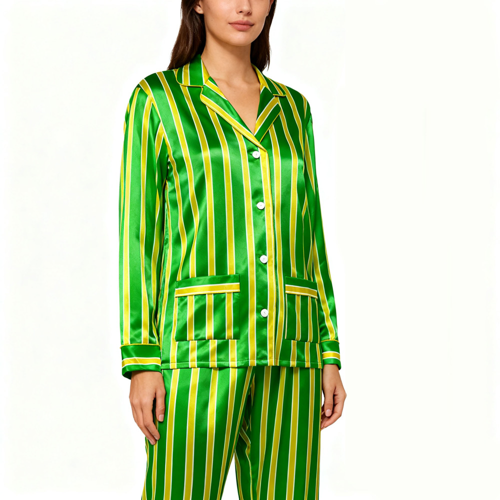 Green Striped Silk Pajamas For Women