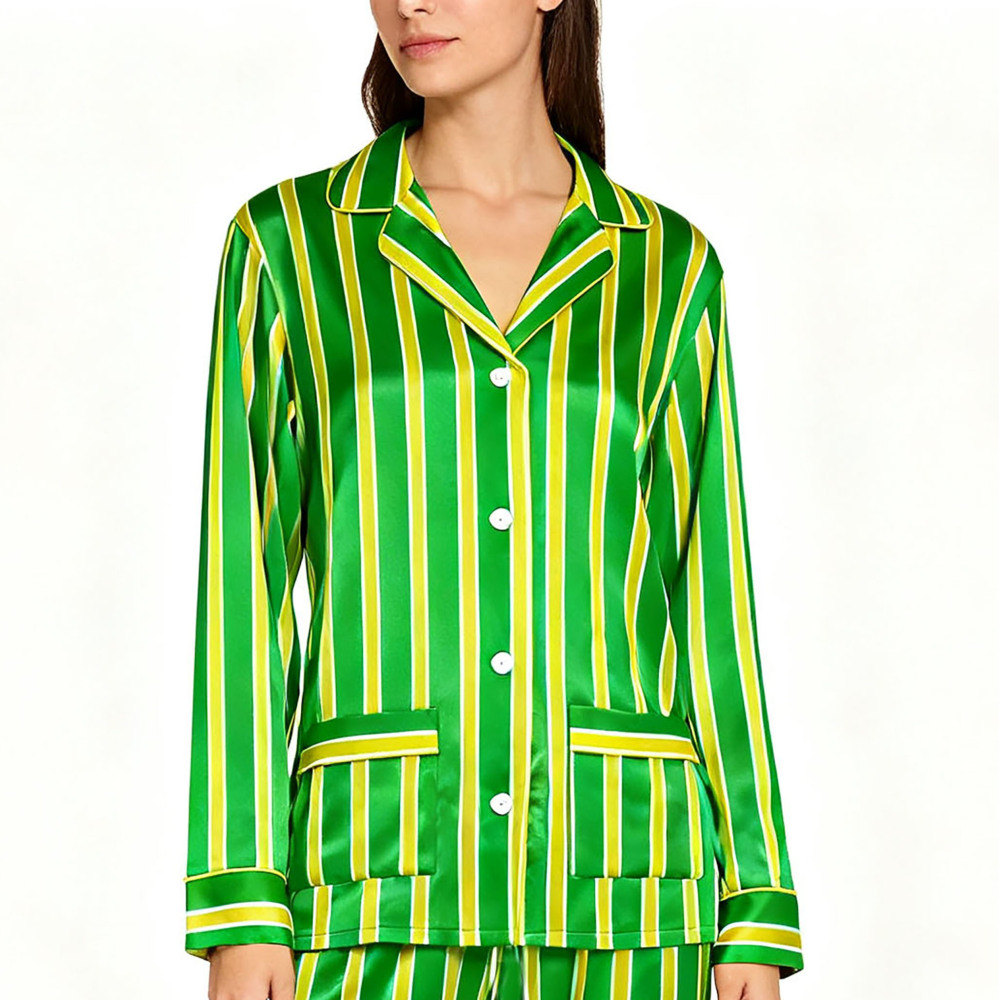 Green Striped Silk Pajamas For Women
