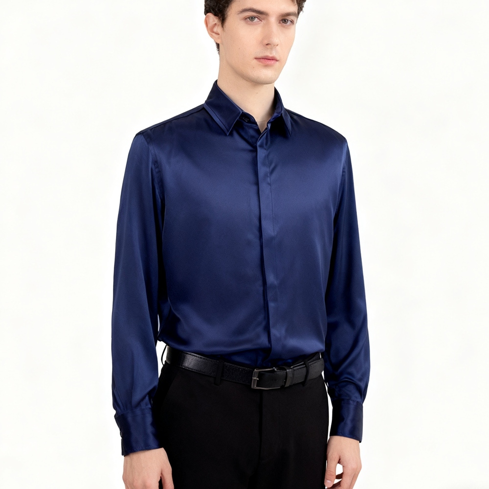 Men's 100% Mulberry Silk Hidden Placket Dress Shirt